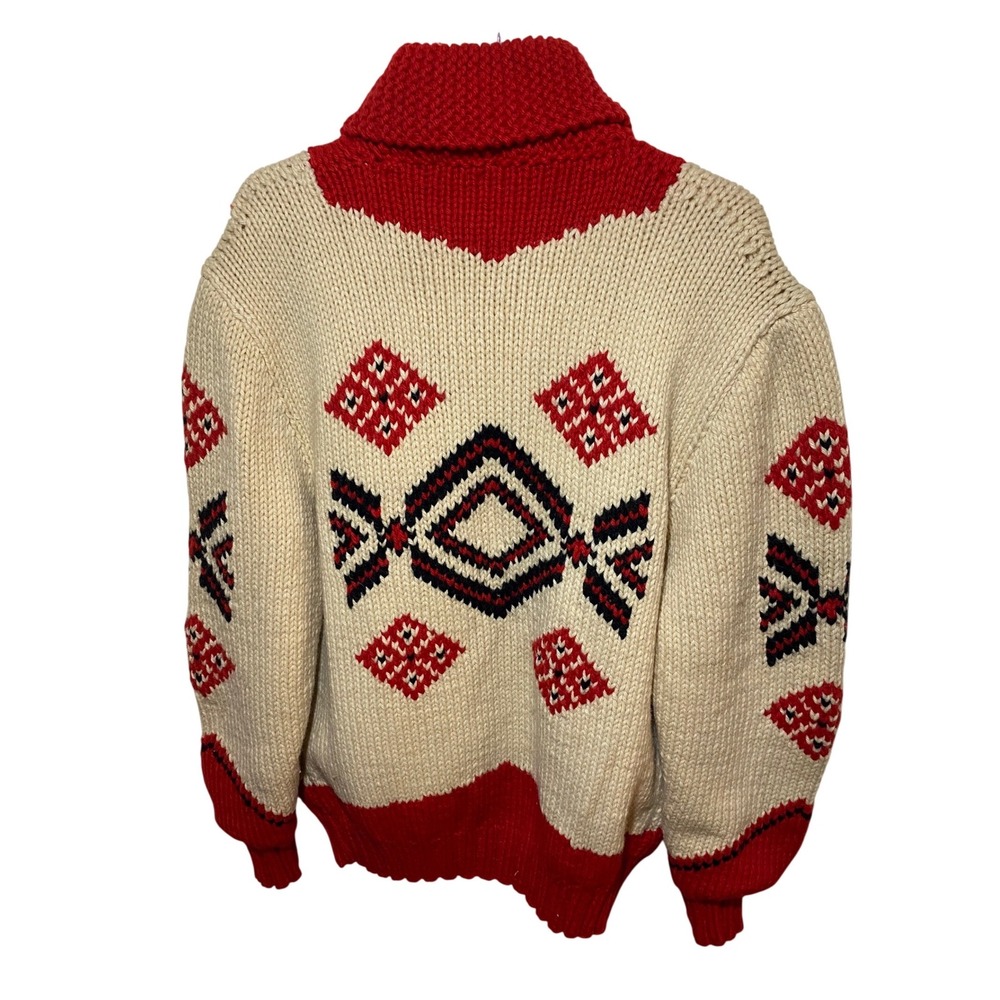 Vintage Mary Maxim Pueblo Indian Hand Knit Cowichan Sweater‎ Red Cream Zip XL - Picture 5 of 7